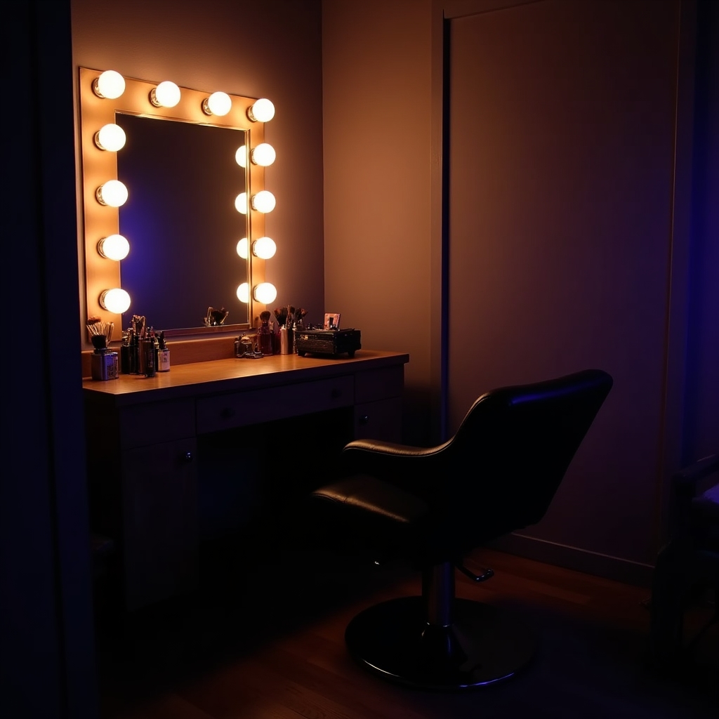 Hair and makeup corner with lit mirror and styling chair adjacent to the shooting areas
