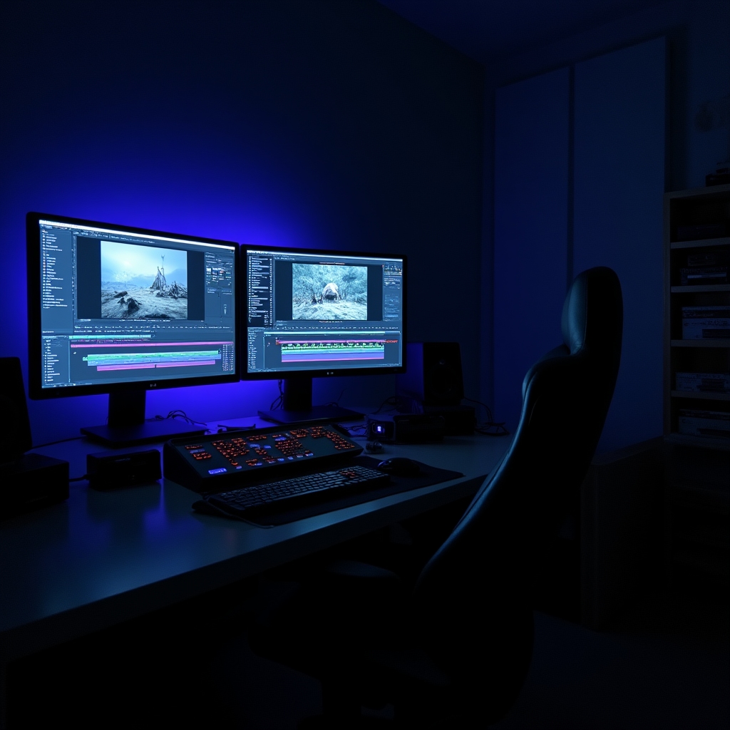 Post-production editing suite with dual monitor workstation used for on-site colour grading and editing