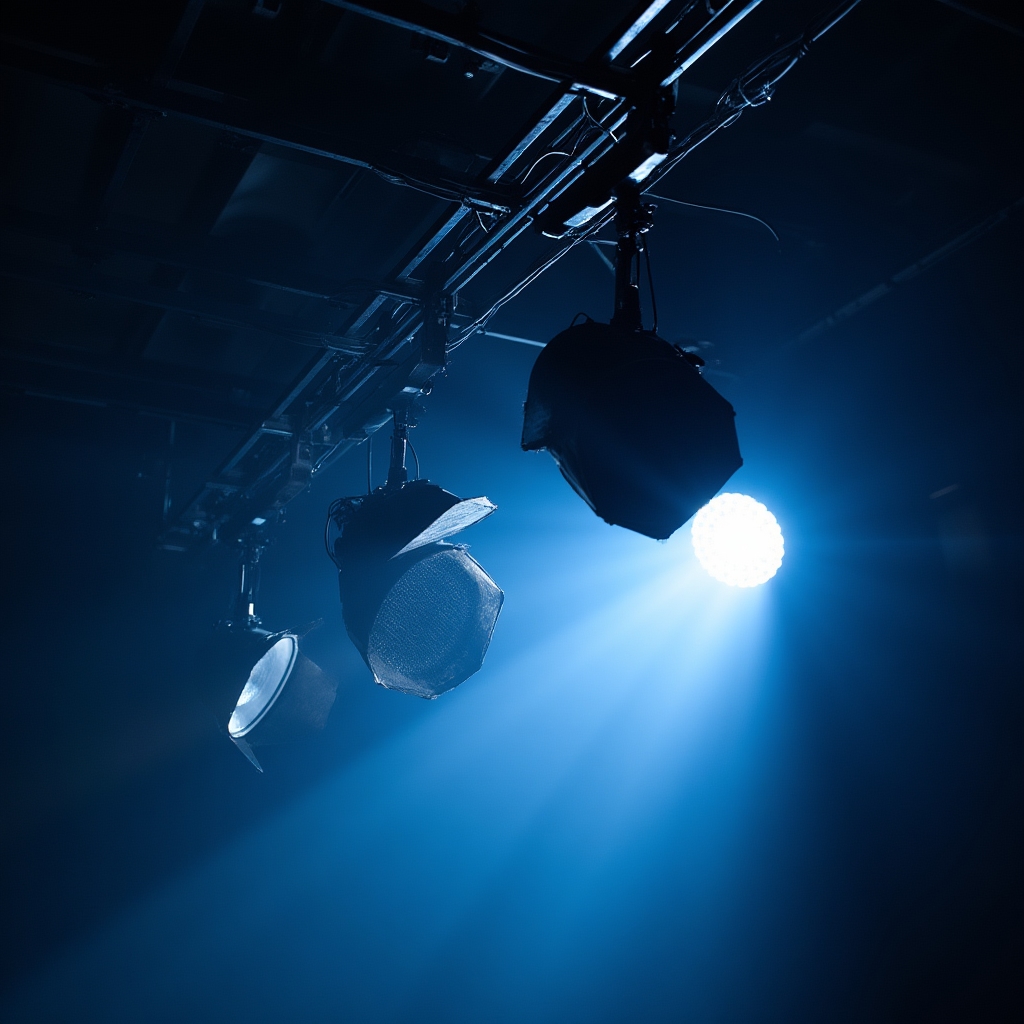 Overhead adjustable lighting rig positioned above a shooting area with softboxes